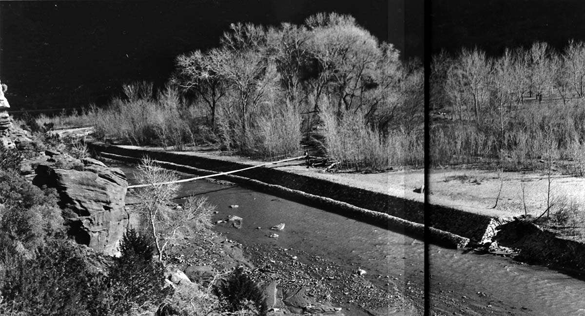 Basket dam construction and associated cribbing along the Virgin River.