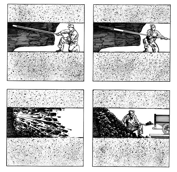 Four-part coal mining sequence (clockwise, upper left): auguring into coal seam, setting charge, blasting, loading coal.
