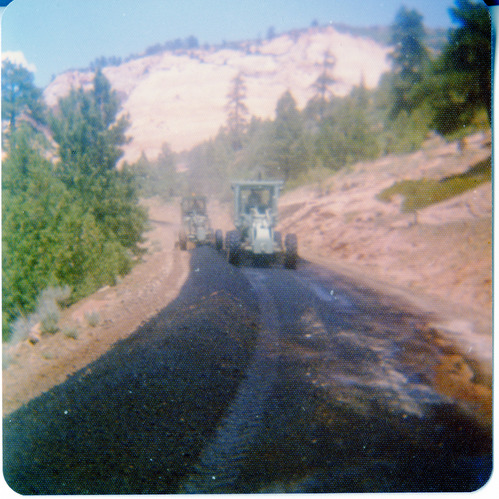 Asphalt being laid during the construction of the Kolob Terrace Road.