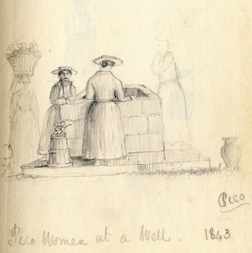 Unfinished sketch of four women standing around square well with baskets and pots