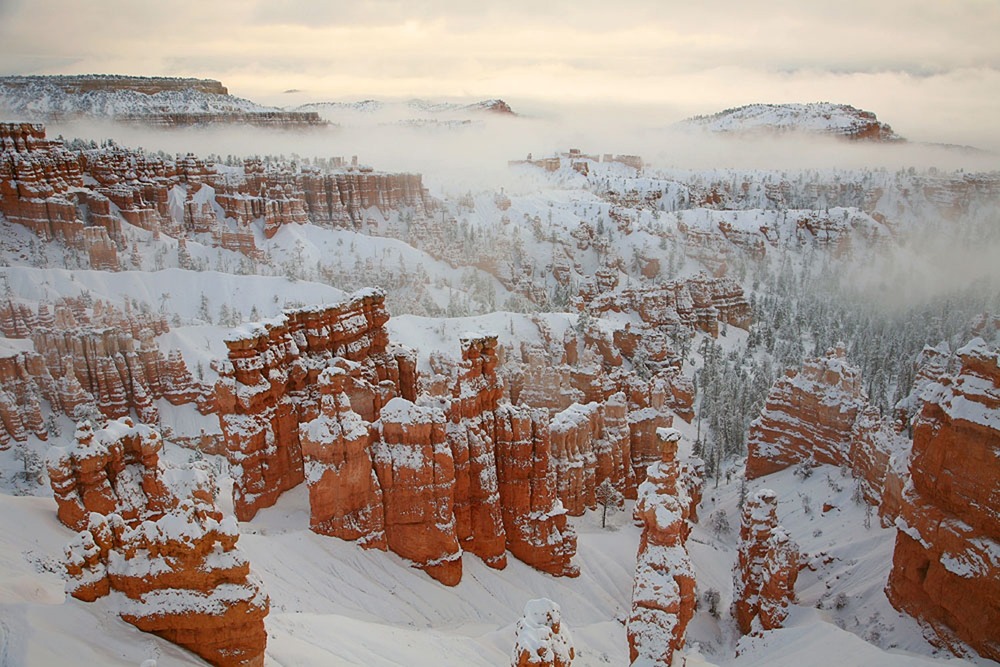 Snow and fog cover the hoodoos at Bryce Canyon main amphitheater