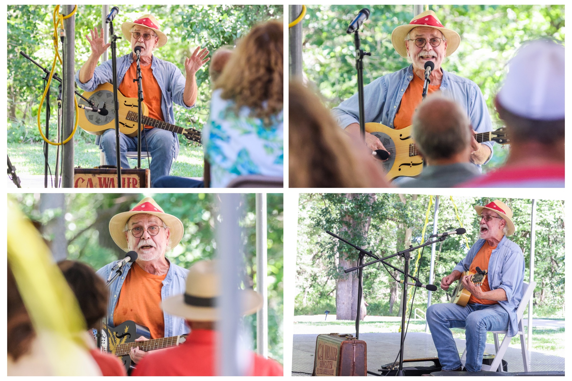 Four-photo collage shows different facial expressions on an individual with a guitar. In each photo, he plays and sings on stage to an audience.