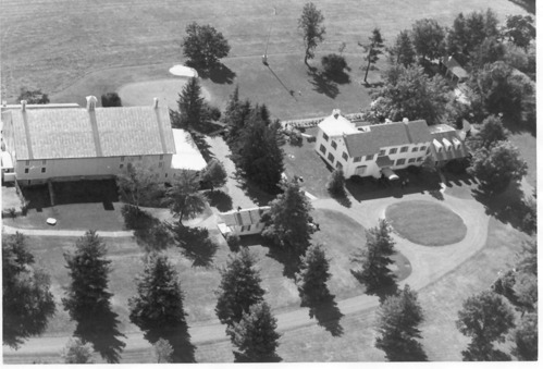 A black and white aerial view of the Eisenhower property.