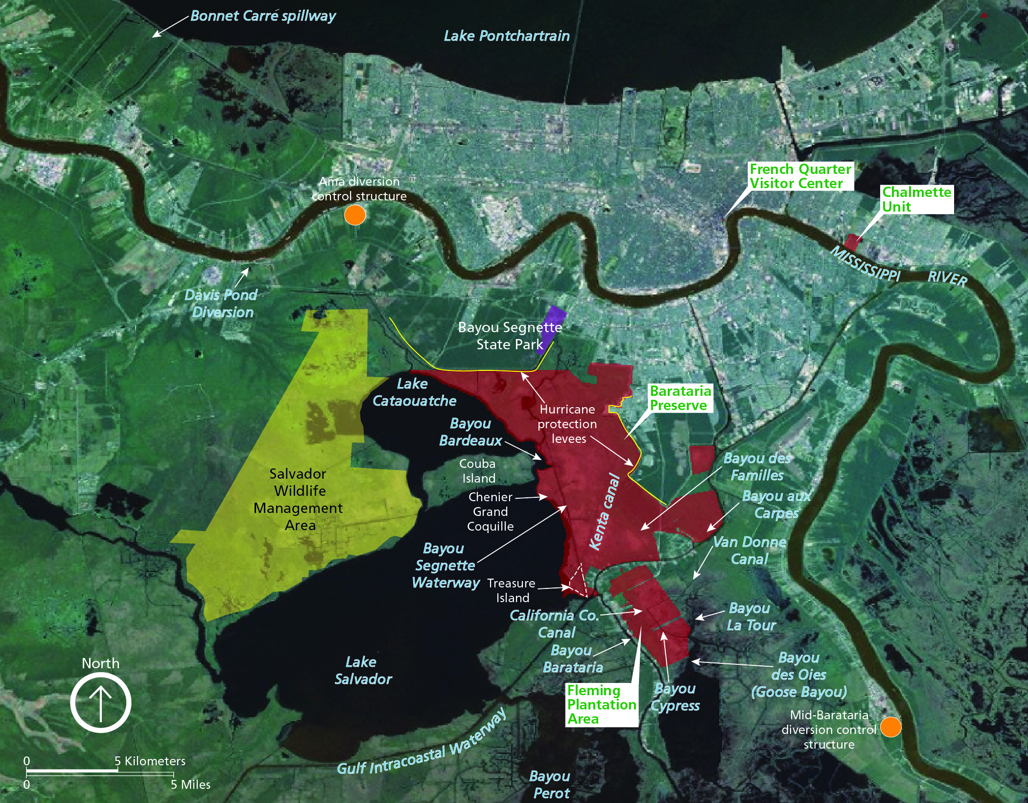 Location map for Barataria Preserve and vicinity. Significant features are shown including French Quarter Visitor Center, Chalmette Unit, Fleming Plantation Area, Salvador Wildlife Management Area, Hurricane protection levees, Ama diversion control structure, Mid-Barataria diversion control structure, canals, and bodies of water. 
