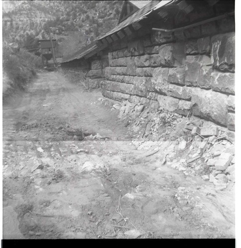 BW photo of rock slide in the maintenance yard.