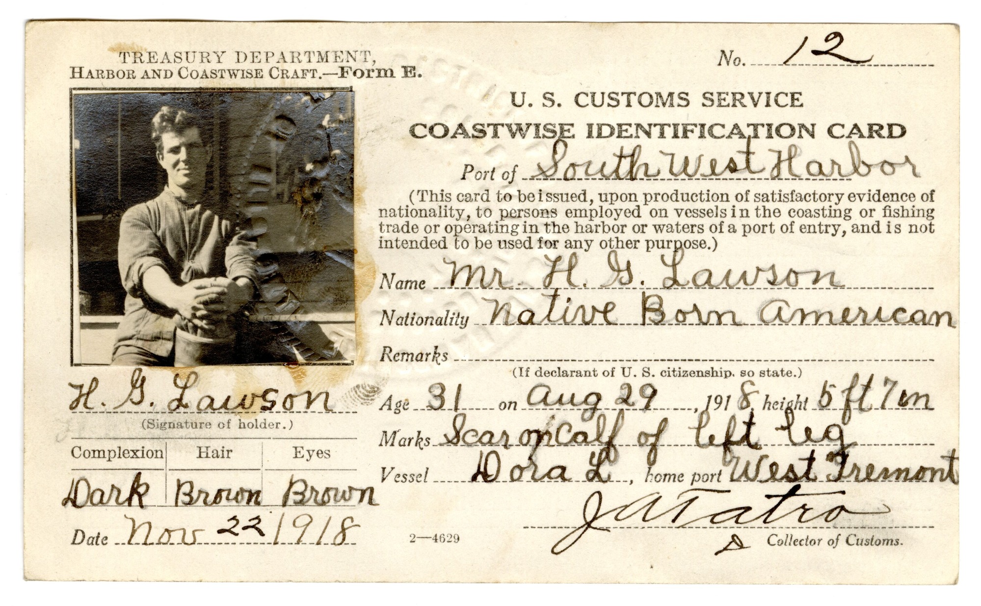 H. G. Lawson 1918 Coastwise Identification Card