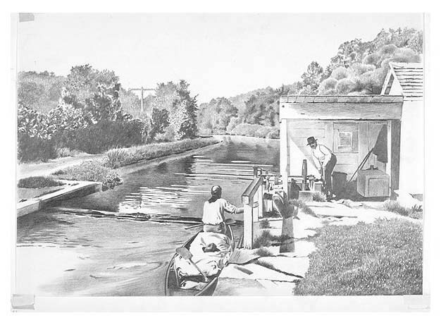 Scene depicts a drop-gate lock at Lock No. 6 (Magazine Lock) operated by a lock-keeper on the Chesapeake and Ohio Canal while a canaler in a canoe waits.