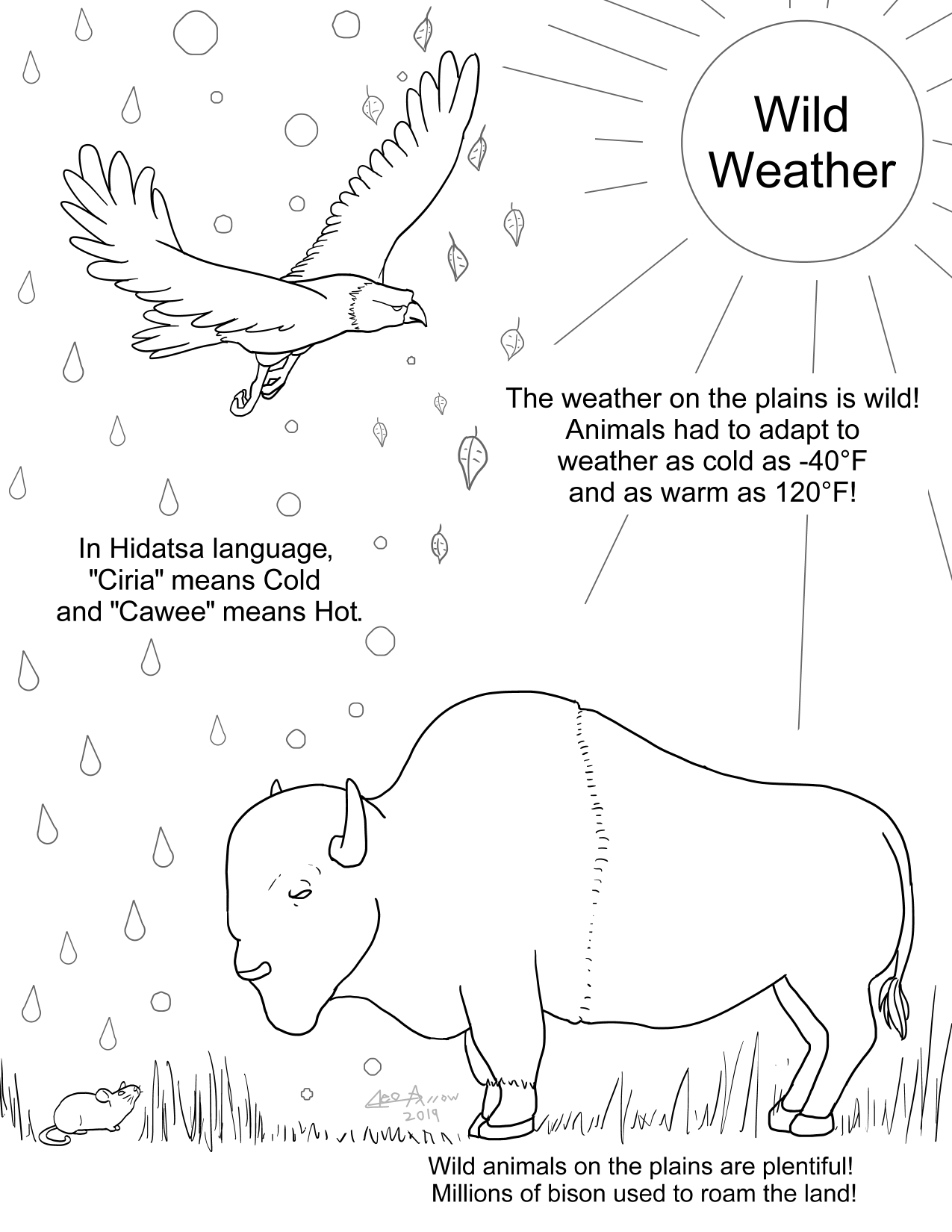 A coloring page about the extreme weathers on the plains with sun, rain, snow, and leaves falling on an eagle, bison, and mouse. Text describes the high and low temperatures and the pronunciation of "hot" and "cold" in Hidatsa.