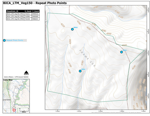 Map of repeat photo point locations for one of fifteen areas where long-term monitoring of sage-steppe vegetation occurs starting in 2011 in Bighorn Canyon National Recreation Area.