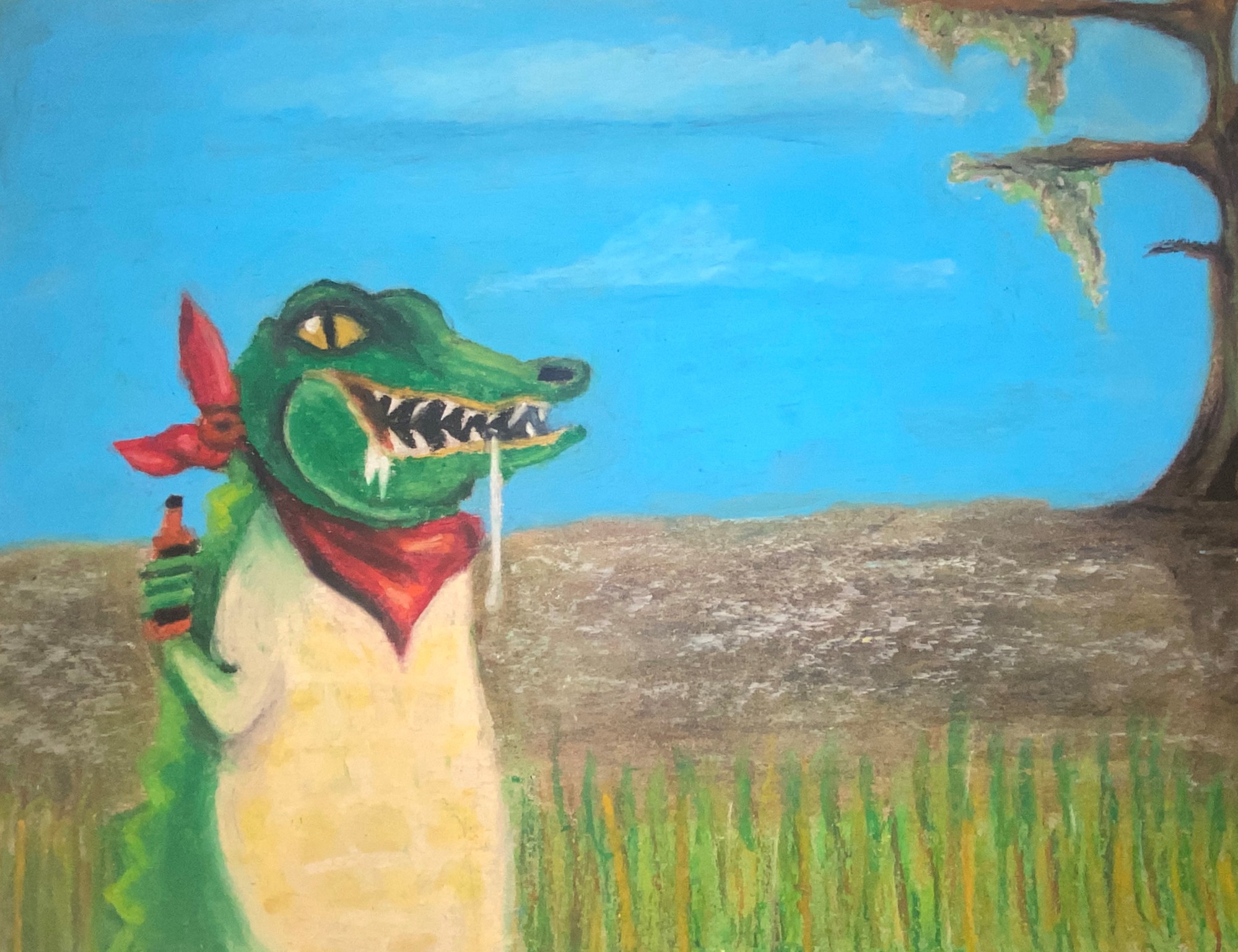 Oil pastel of an alligator wearing a red bandana around its neck and holding a red bottle.