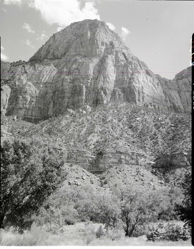 Bridge Mountain from the proposed site for new Mission 66 Visitor Center and Museum, view west near the mouth of Oak Creek Canyon.