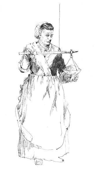 A woman using a scale to weigh out an unidentified material.