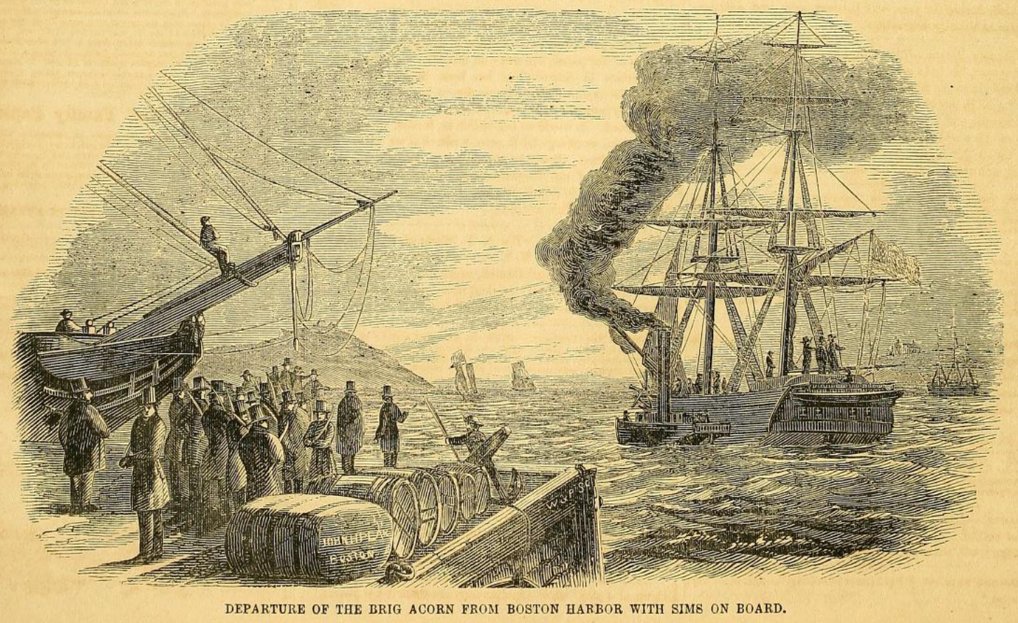 Sketch of a dock and a boat leaving the dock in Boston Harbor.
