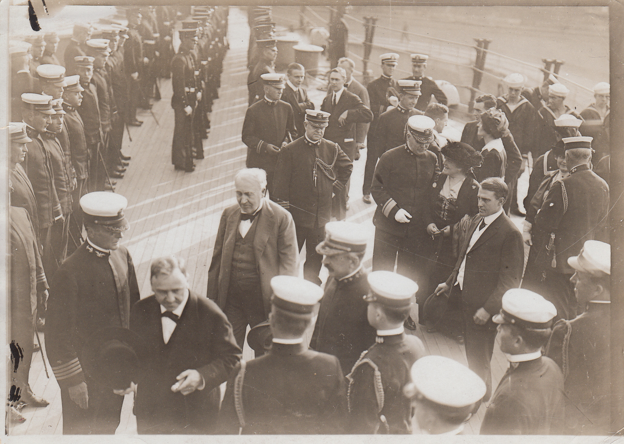 Thomas Edison, Miller Reese Hutchison, and Navy Secretary Josephus Daniels, lower left, aboard U.S.S New York at Brooklyn Navy Yard.