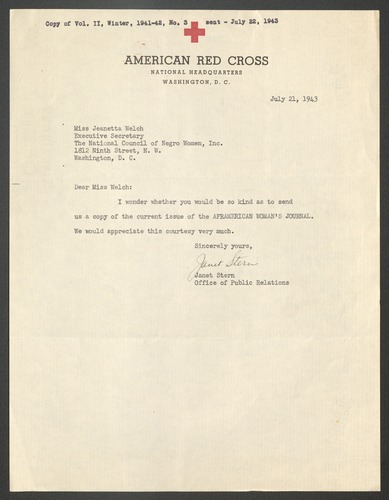 Correspondence from Janet Stern to Jeanetta Welch, July 21, 1943