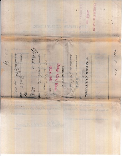 Scanned image of a timber culture claim form. See description for text.