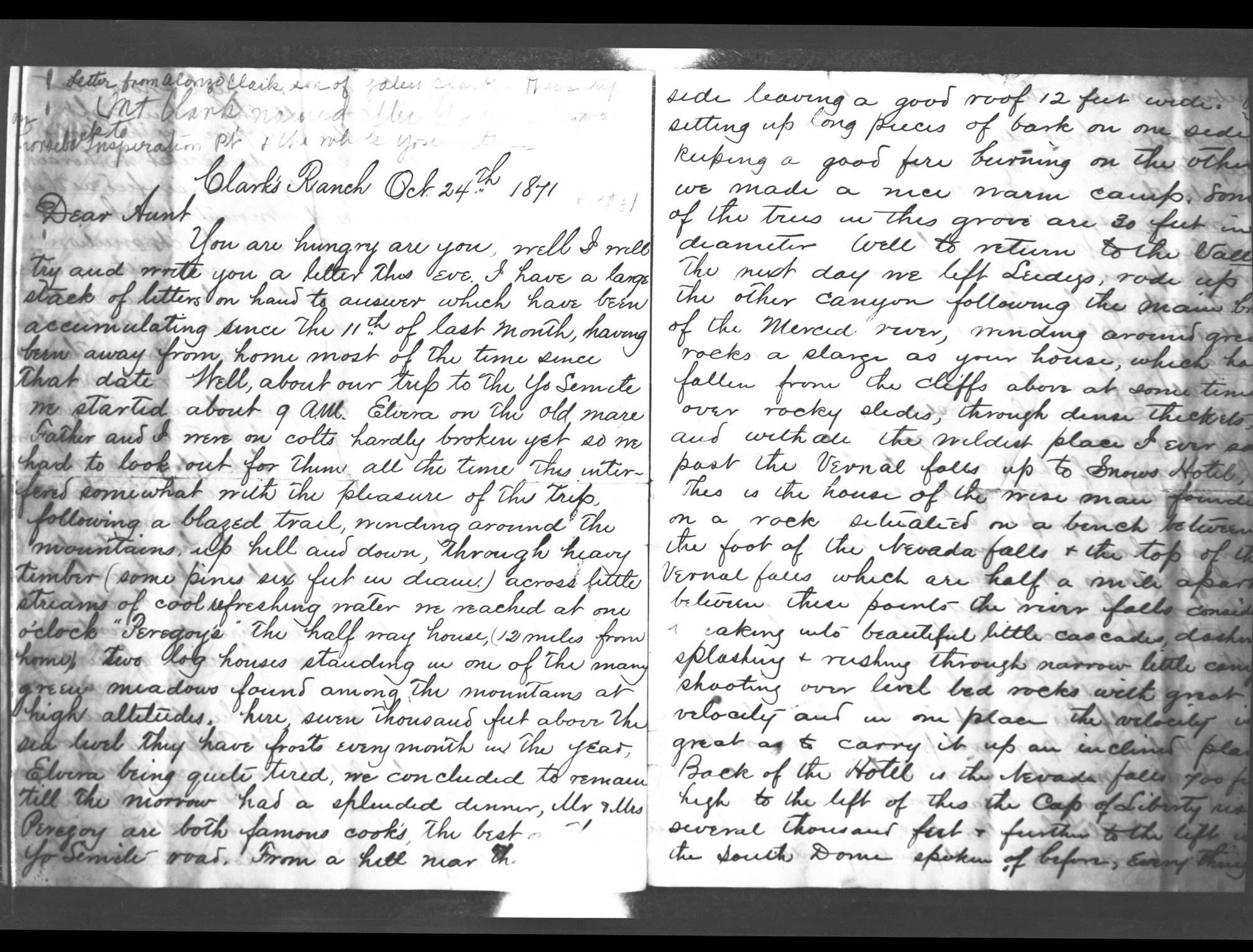Copy of letter from Alonzo Clark, son of Galen Clark, to an aunt.