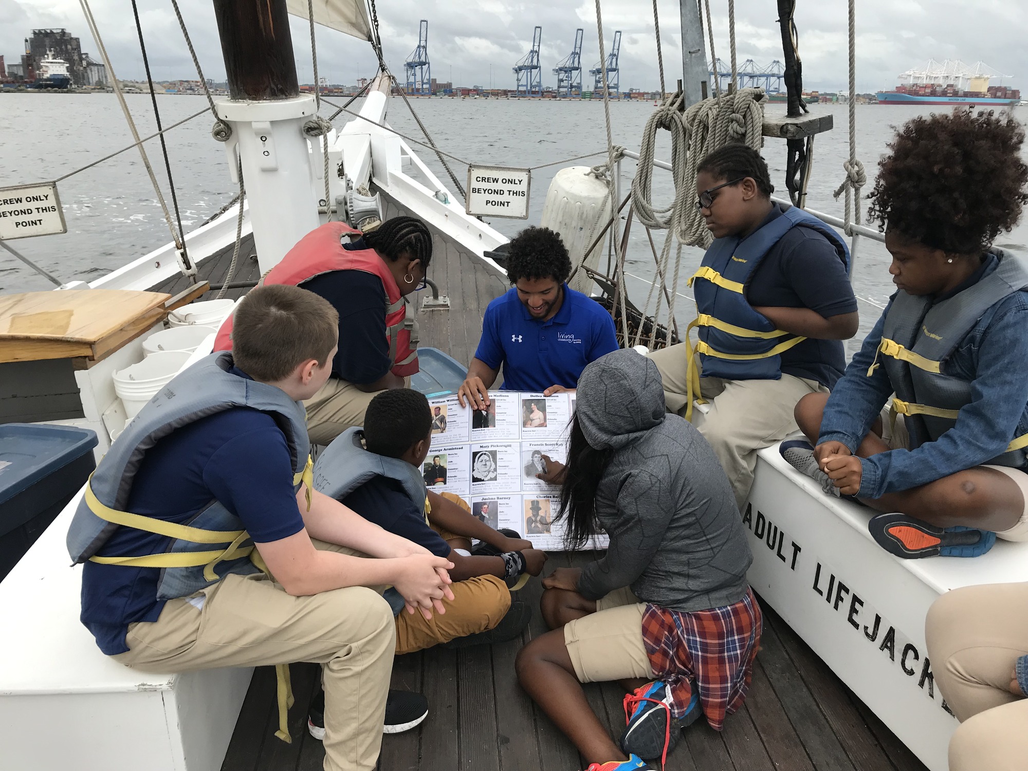 Several students on a boat wear life vests and look at names and images of historic local people in the War of 1812