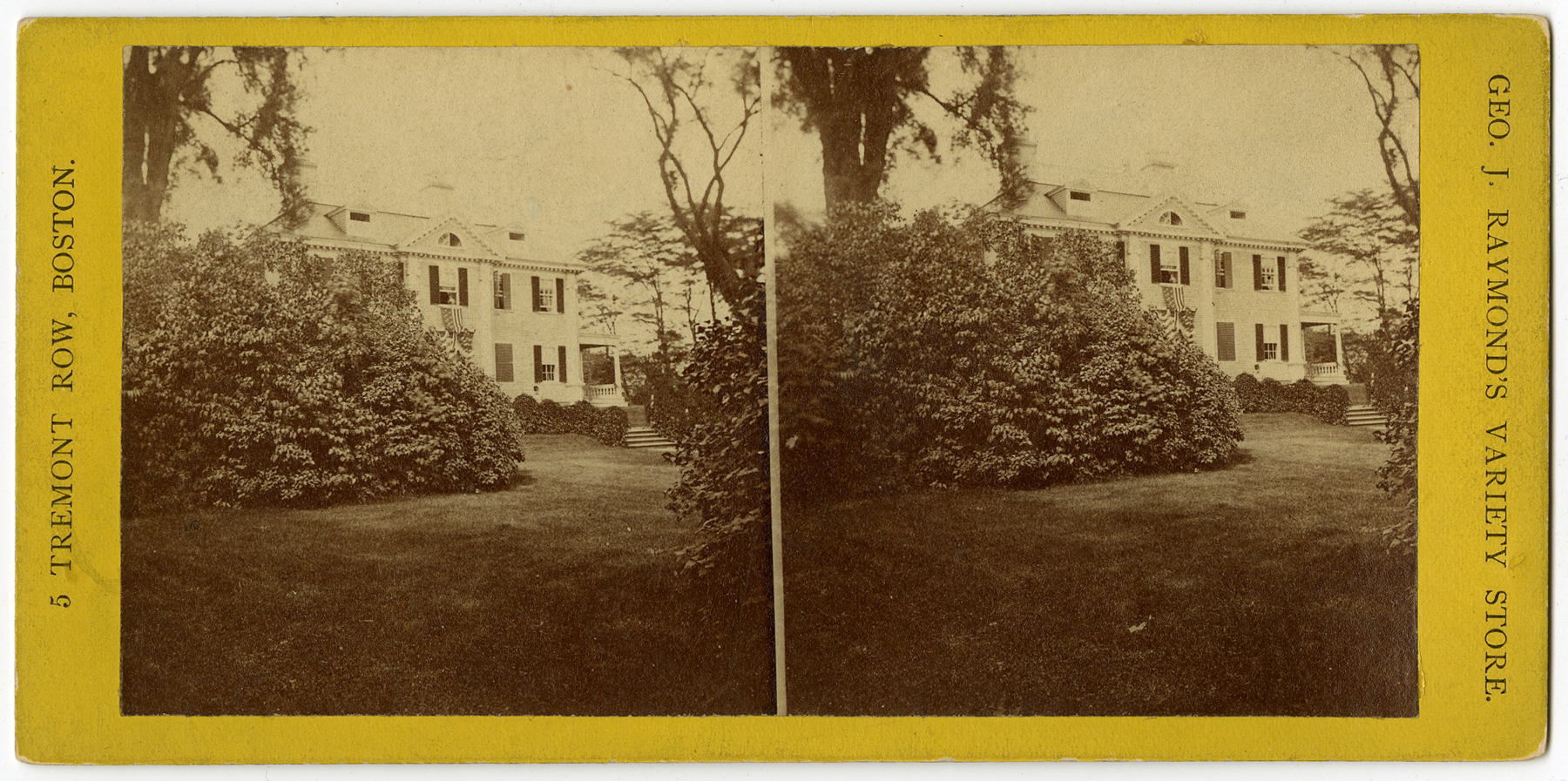 Large bush obscures most of Georgian mansion. Black and white sterograph with writing around photos.