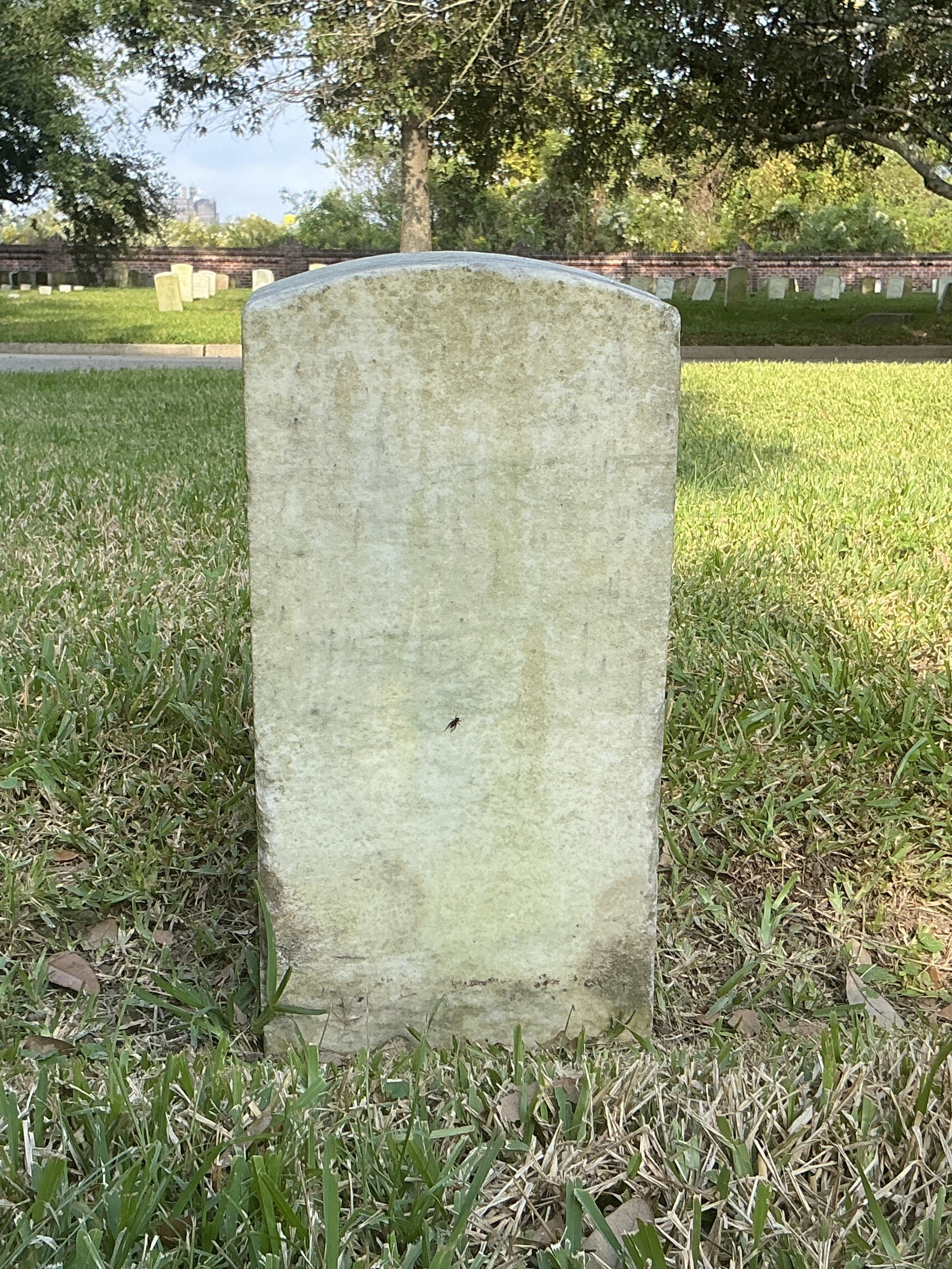 Back of historic upright marble headstone with recessed shield face.