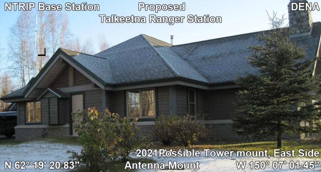 Proposed NTRIP base station antenna mount at DENA Talkeetna Ranger Station. 