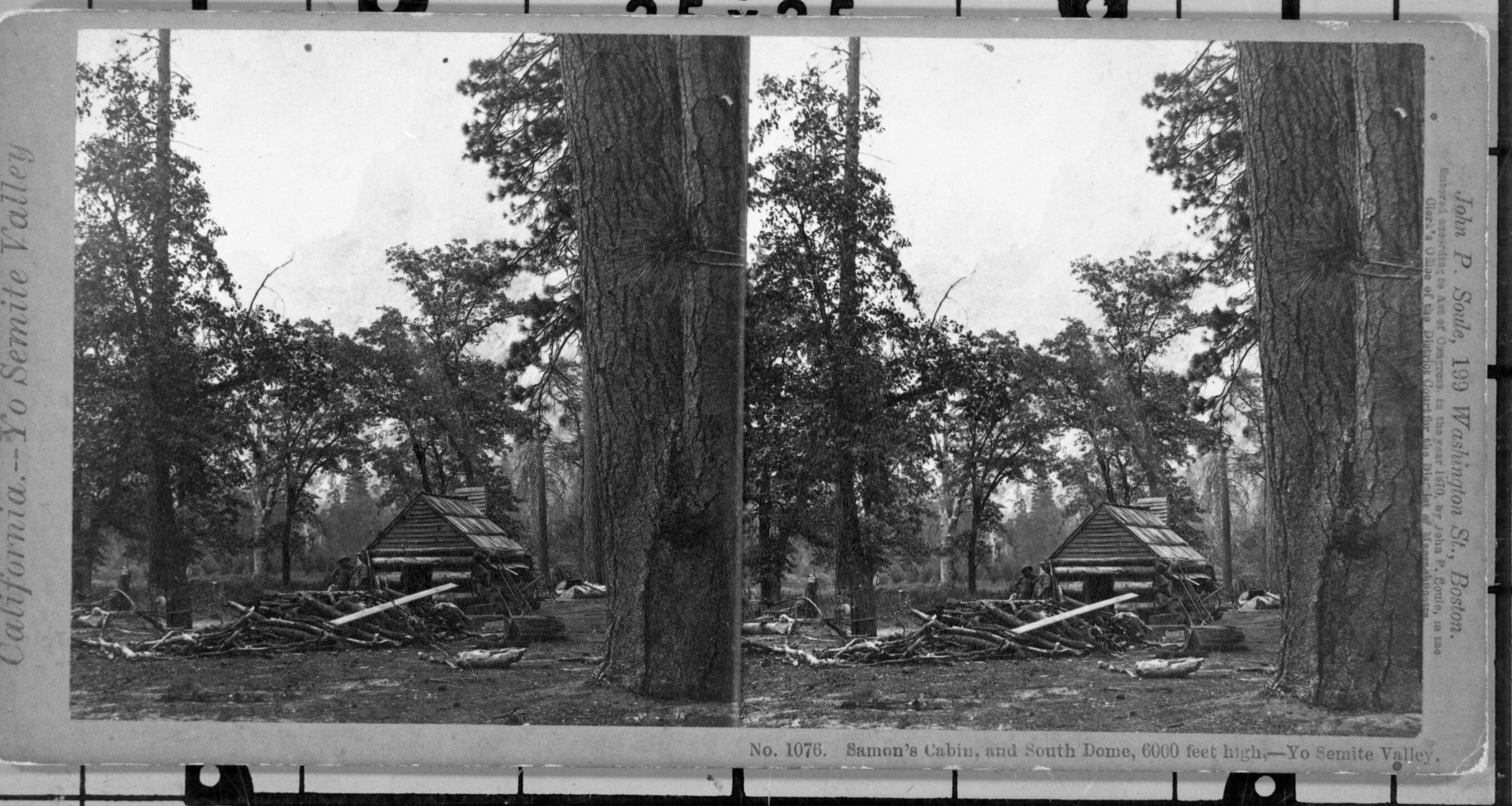 From L. Smaus Collection. Original card yellow with sepia toned prints. Caption: "No. 1076. Lamon's cabin, and South dome, 6000 feet high - Yosemite Valley." Detail RL-16,450.