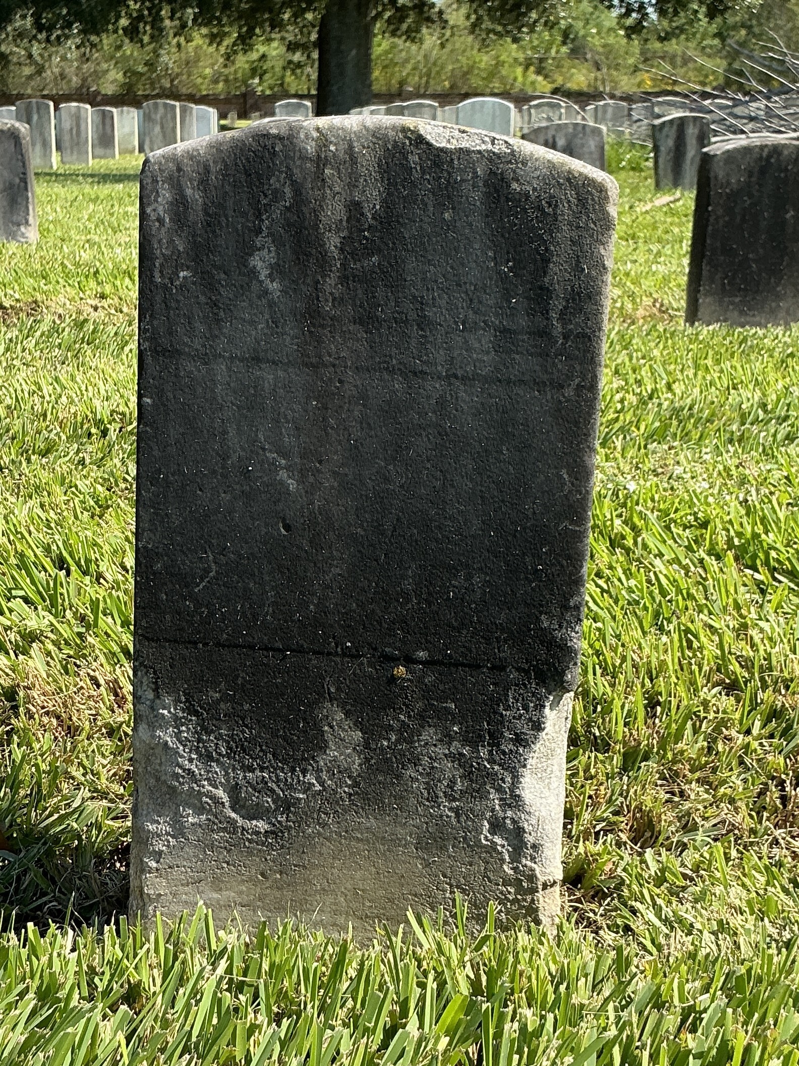Back of historic upright marble headstone with recessed shield face.