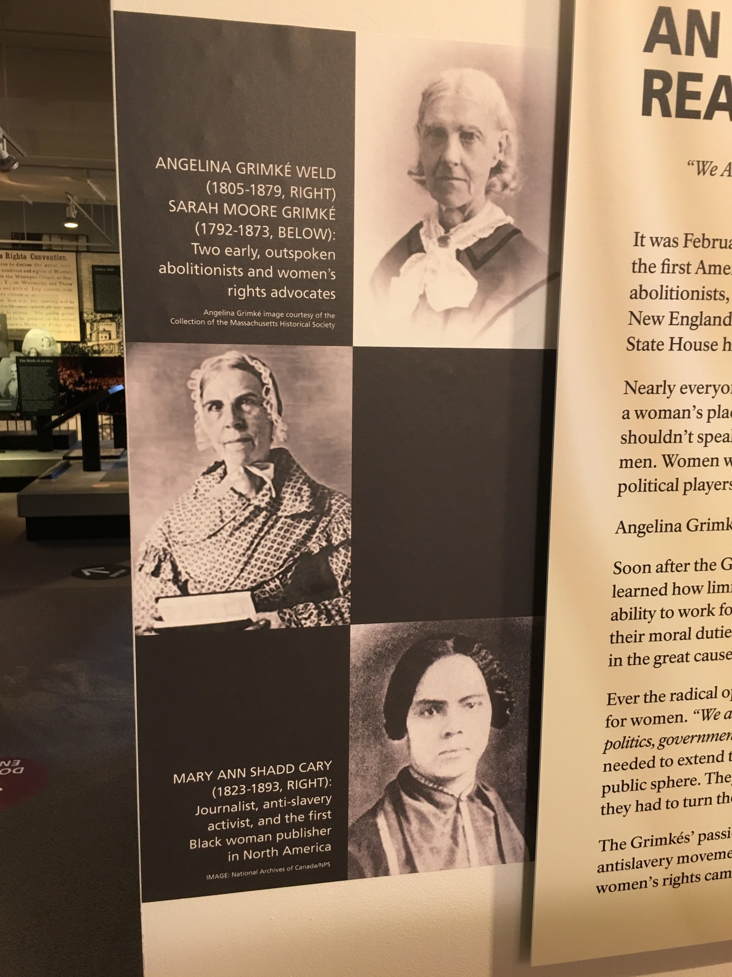 Photos of Angelina Grimke Weld, Sarah Moore Grimke, and Mary Ann Shadd Cary with text on the side. 