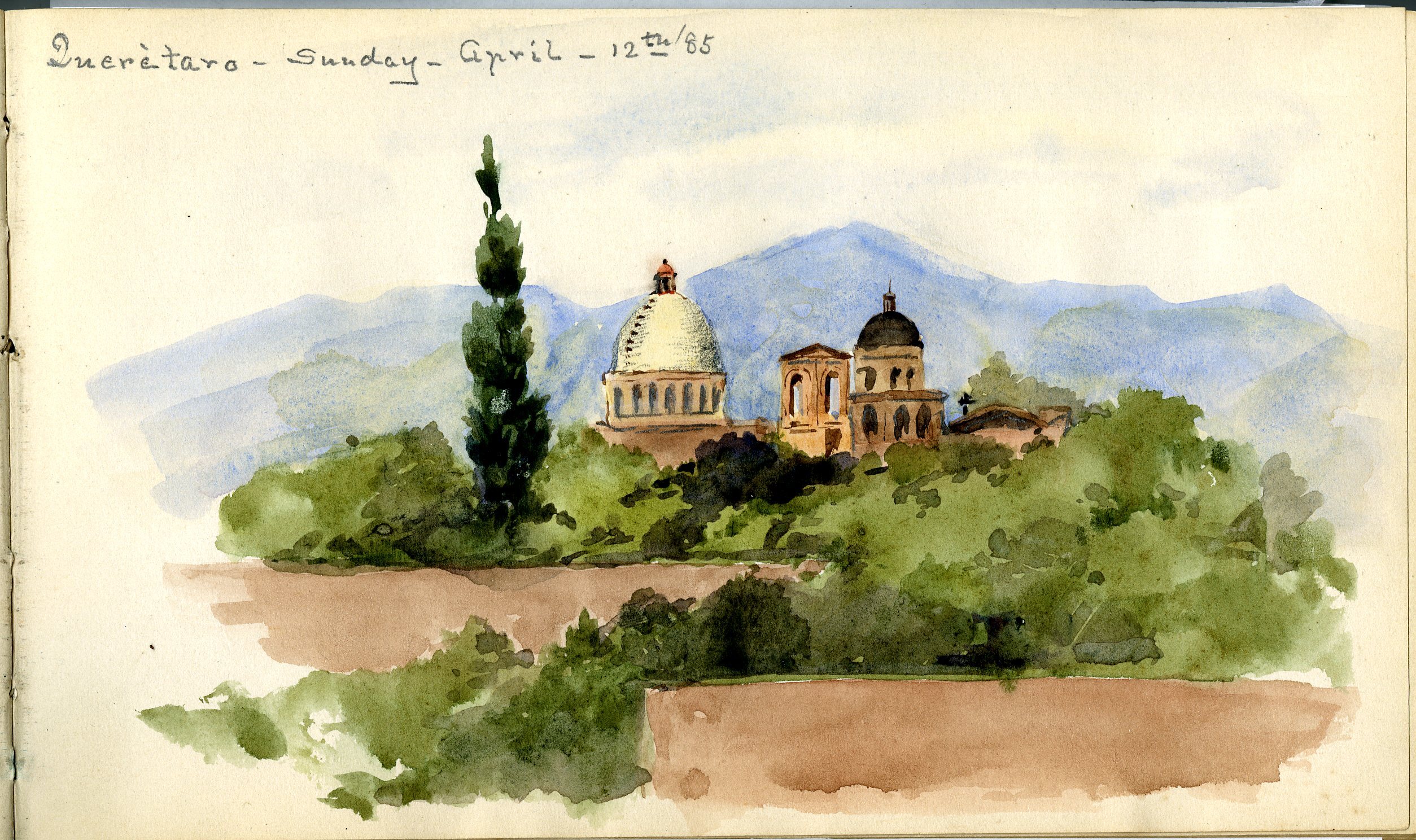 Watercolor of landscape in tan and greens. Tall columnar tree stands next to several tan adobe buildings with domes.