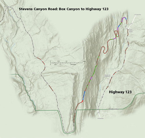 A map of a road broken into 0.1 mile road segments with color shading and numbers indicating the number of amphibians observed in each segment. 