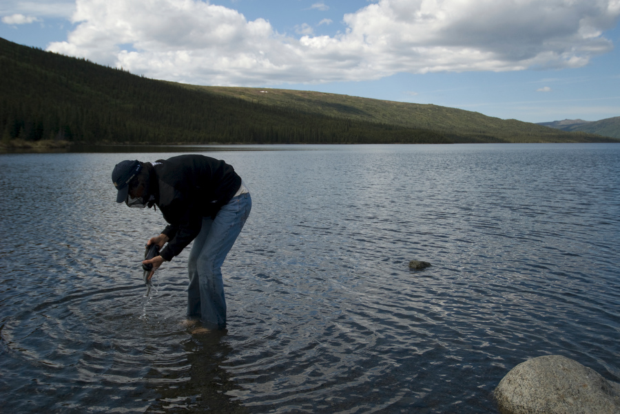 woman wearing a head net dipping socks into a lake