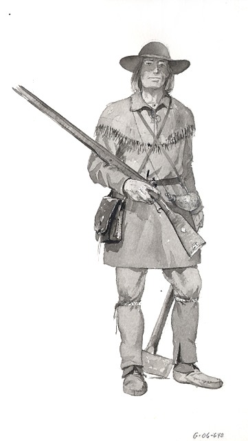 Figure of Daniel Boone dressed in expedition/work clothing typical of about 1775.
