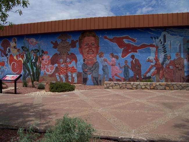 Carlos Flores, a local muralist, created this image in 1993 depicting the prinicpal players in the Chamizal settlement as well as the cultural life of both countries.