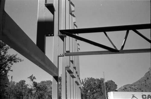 Supporting beams during the construction of headquarters addition.