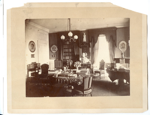 Black and white photograph of 19th century study.
