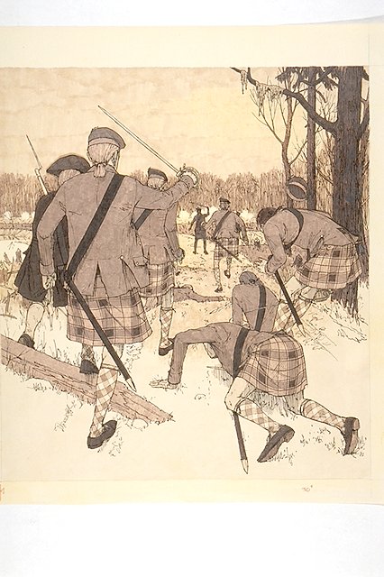 Scene depicts the Loyalist advance against the main Patriot fortifications/entrenchment.