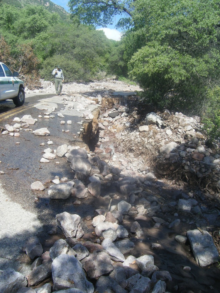 Maintenance worker looks at debris and damage to Montezuma Canyon Rd.
