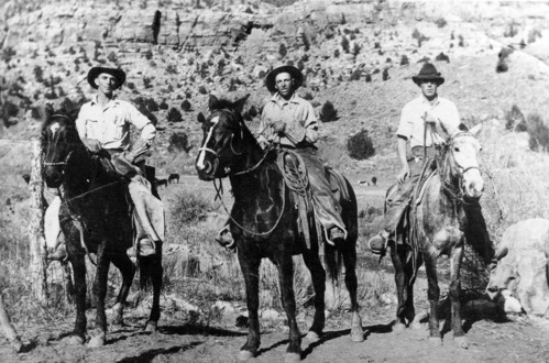 Left to right: Barney Gifford, Onnie Dalley, and Epheriam Gifford on horseback, Zion Canyon, circa 1915.