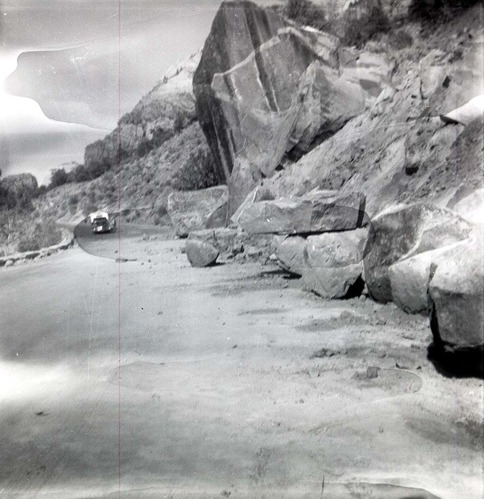 BW photo of rock slide near Echo Rock - 2.5" x 2.5".