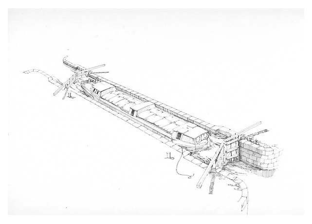 One of four in a series of Illustrations depicts a canal boat "locking through." This illustration shows both sets of sluice valves are closed and the canal boat is tied off.