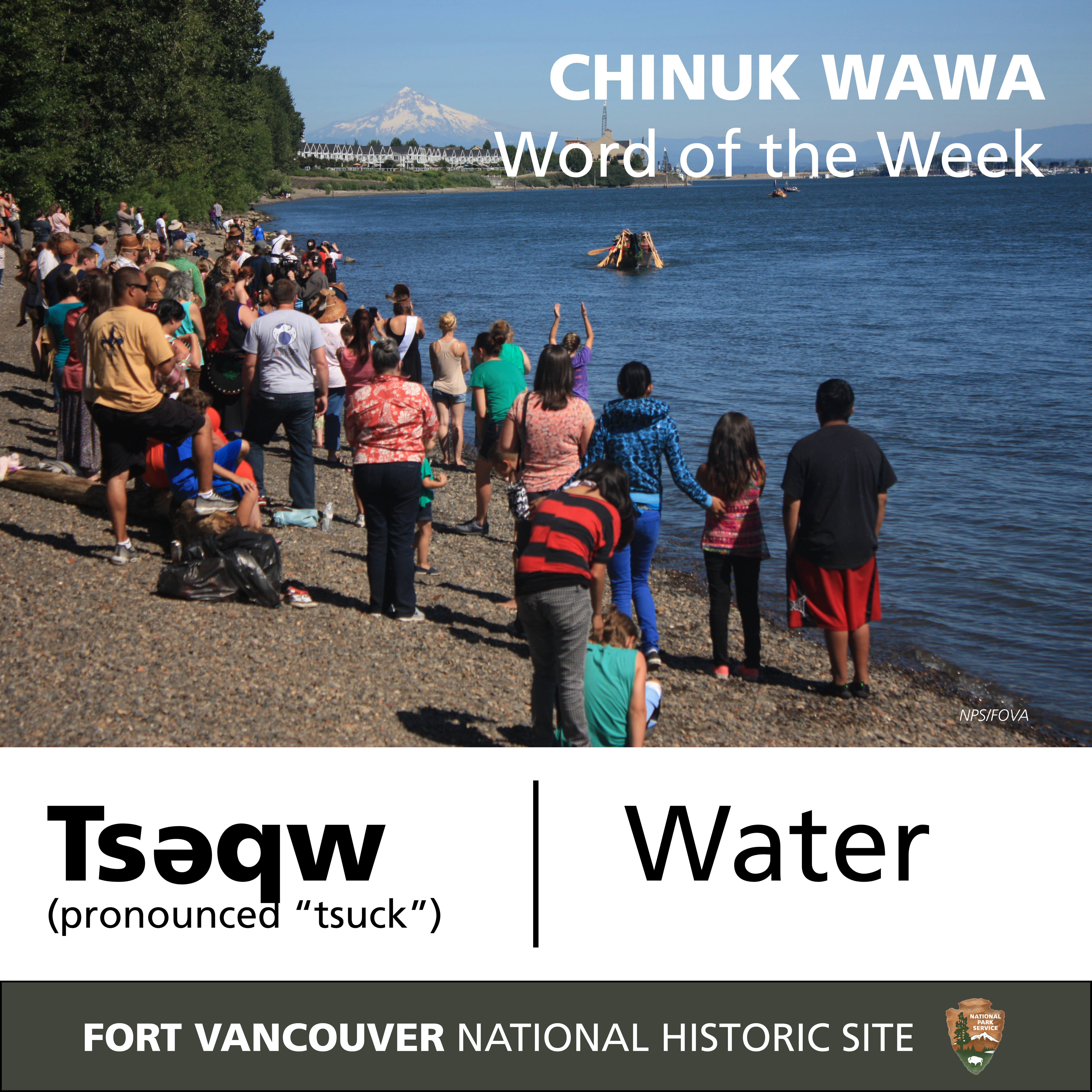 Photo of people standing by the banks of the Columbia River, accompanied by the word "tsәqw" and its translation.