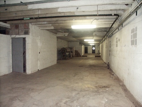 Large, long room with concrete walls. There's an old laundry press on the left in the background. You can see through another room to a side exterior door.