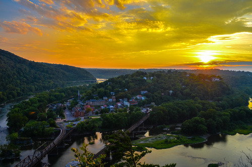 Sunset from Maryland Heights Overlook Trail onto the town of Harpers Ferry.