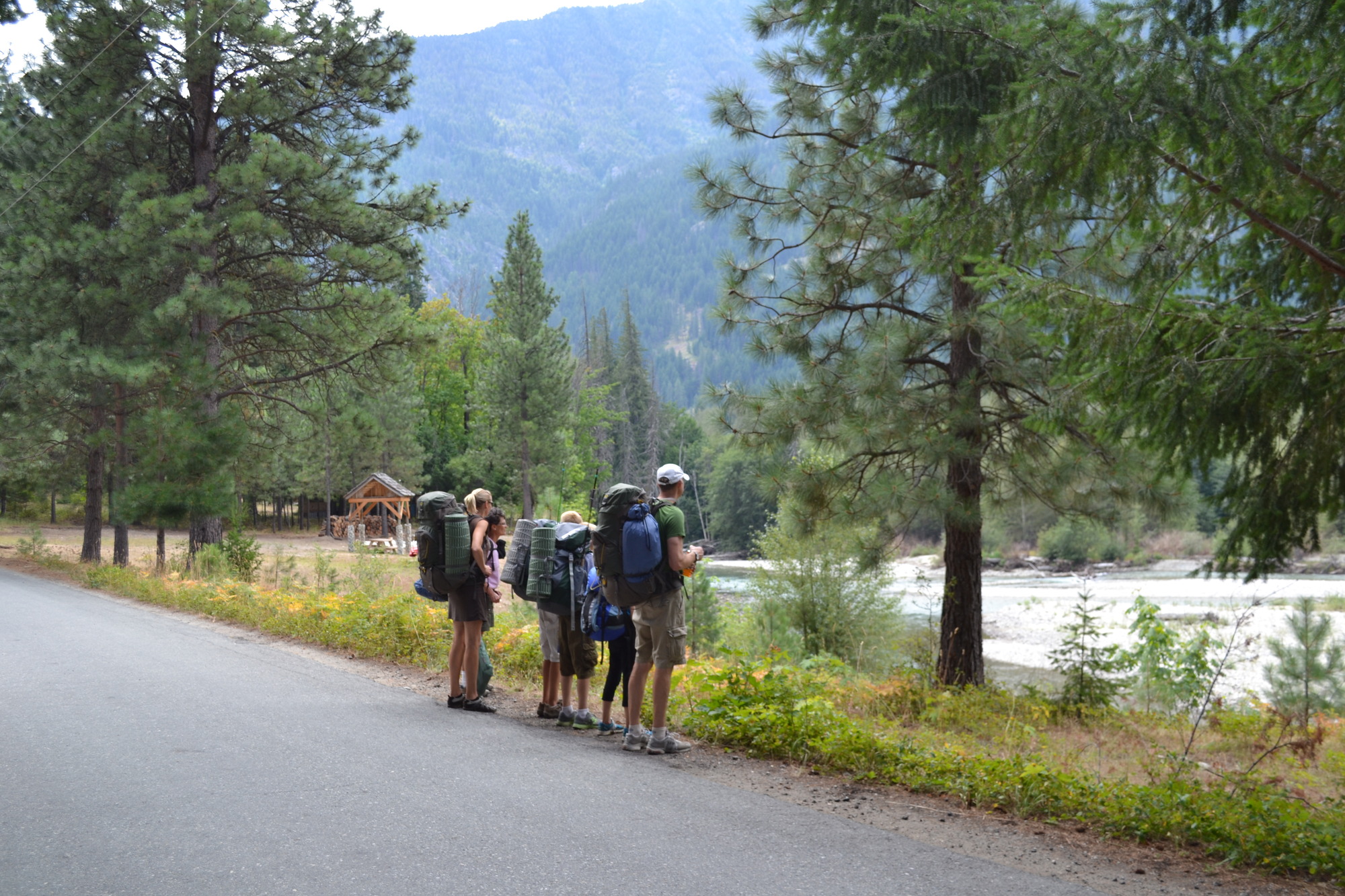 A family of four wearing large backpacks pause alongside a forested road looking at a river.