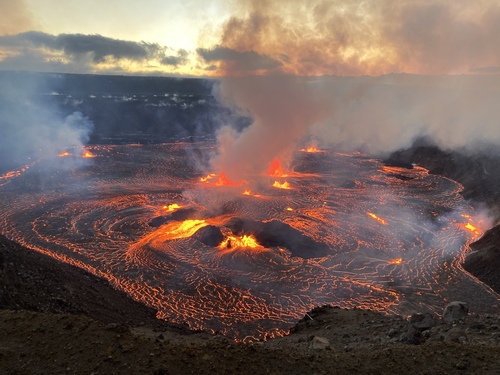 Several active vents erupt lava in a volcano