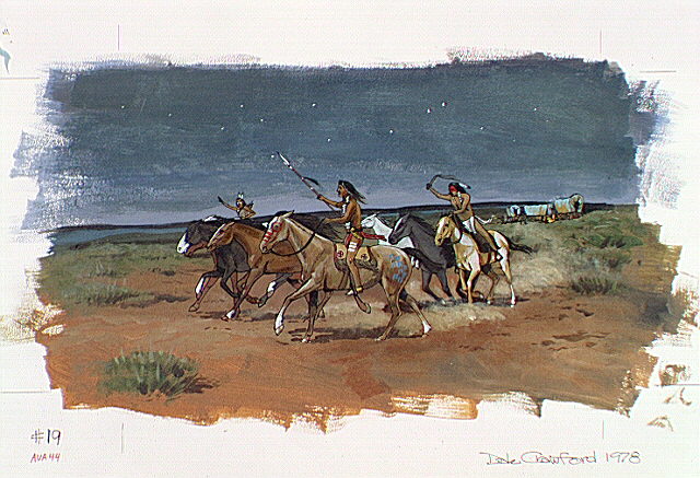 Indians attacking wagon train at night. Until the middle 1840's, the Indians raided trading parties only sporadically.