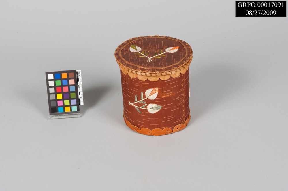Birch bark container decorated with dyed quillwork floral design