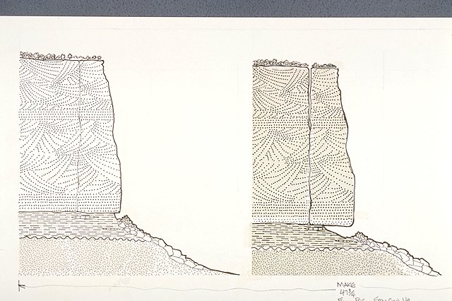 Illustration depicts the jointing and undercutting of the Fallen Rock formation.