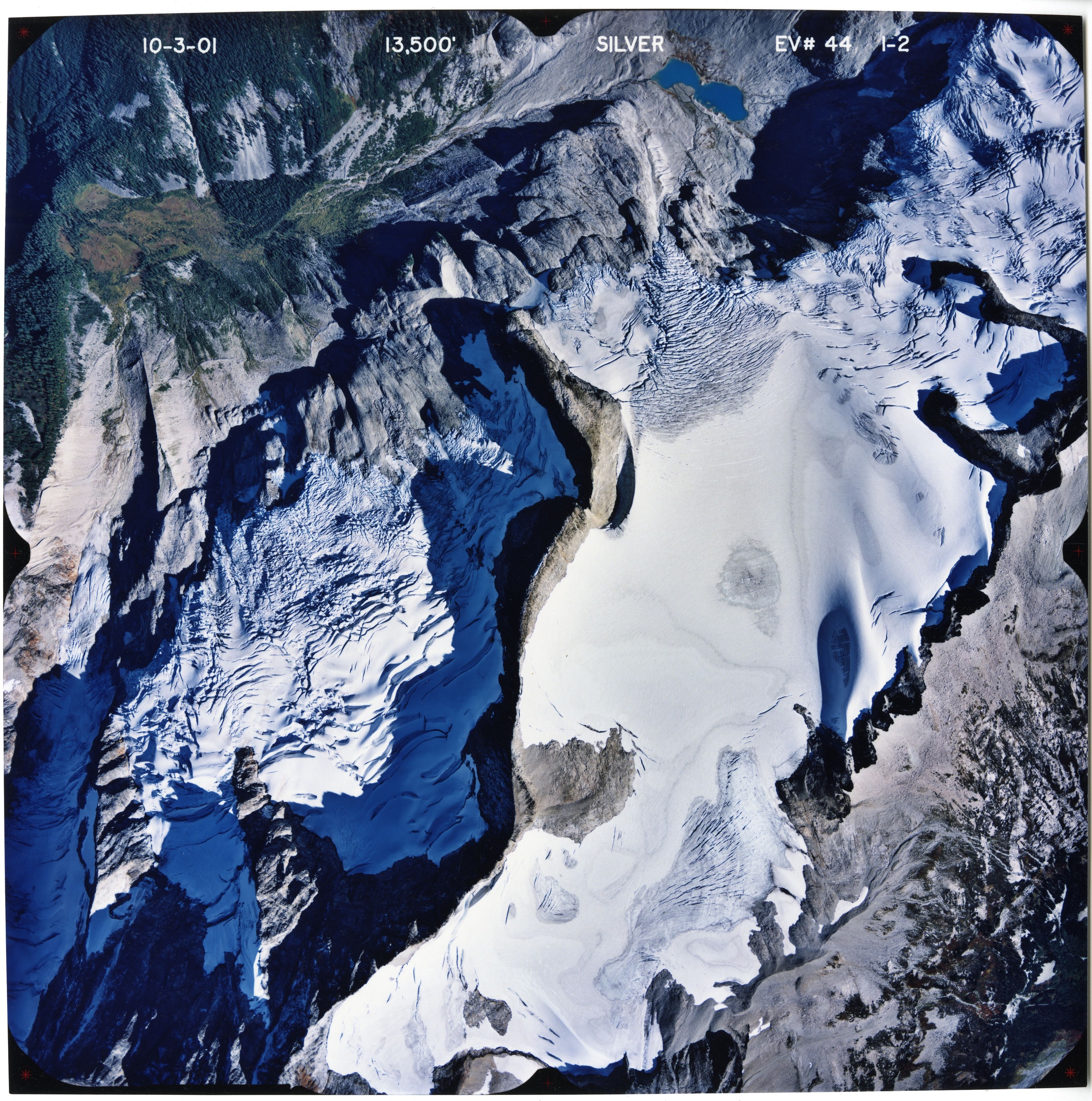 Color aerial photograph of glacier and snowfields on mountain peak with forested valleys below.