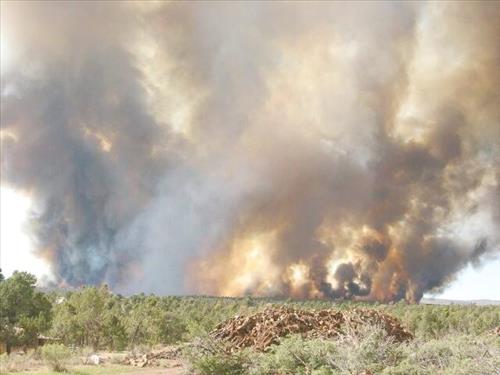 Full fire with black smoke in wooded areas during Long Mesa Fire at Mesa Verde National Park, July 29-Aug. 4, 2002
